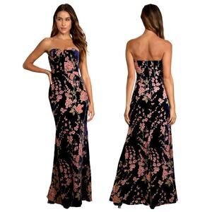 Lulus Bloom In Mind Navy Blue Floral Print Velvet Strapless Maxi Dress size S